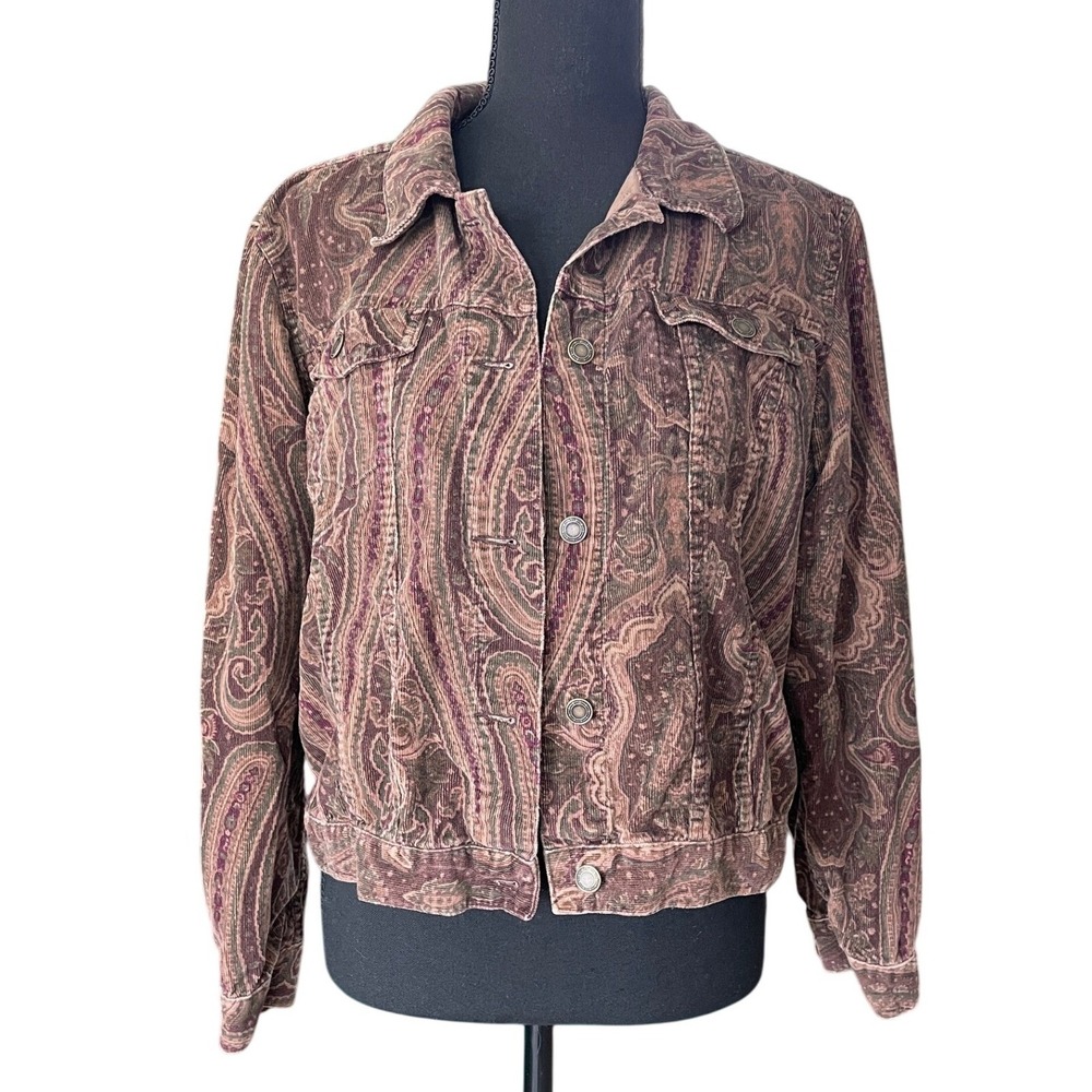 Charter Club Petite Corduroy Jacket Paisley Print Brown Button Front Boho Fall - Picture 1 of 10